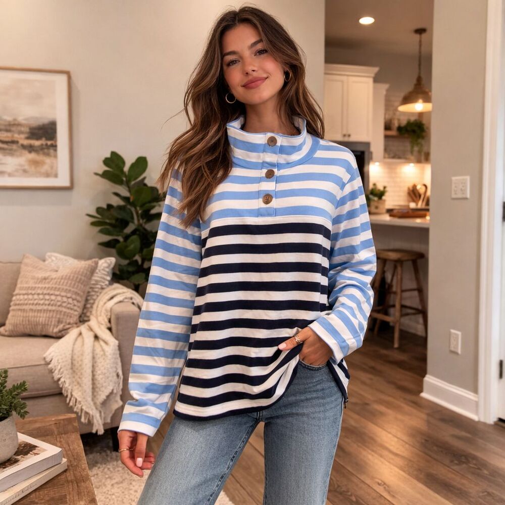 J.Crew XL Striped Button Neck Pullover Sweatshirt Blue White NWOT Casual